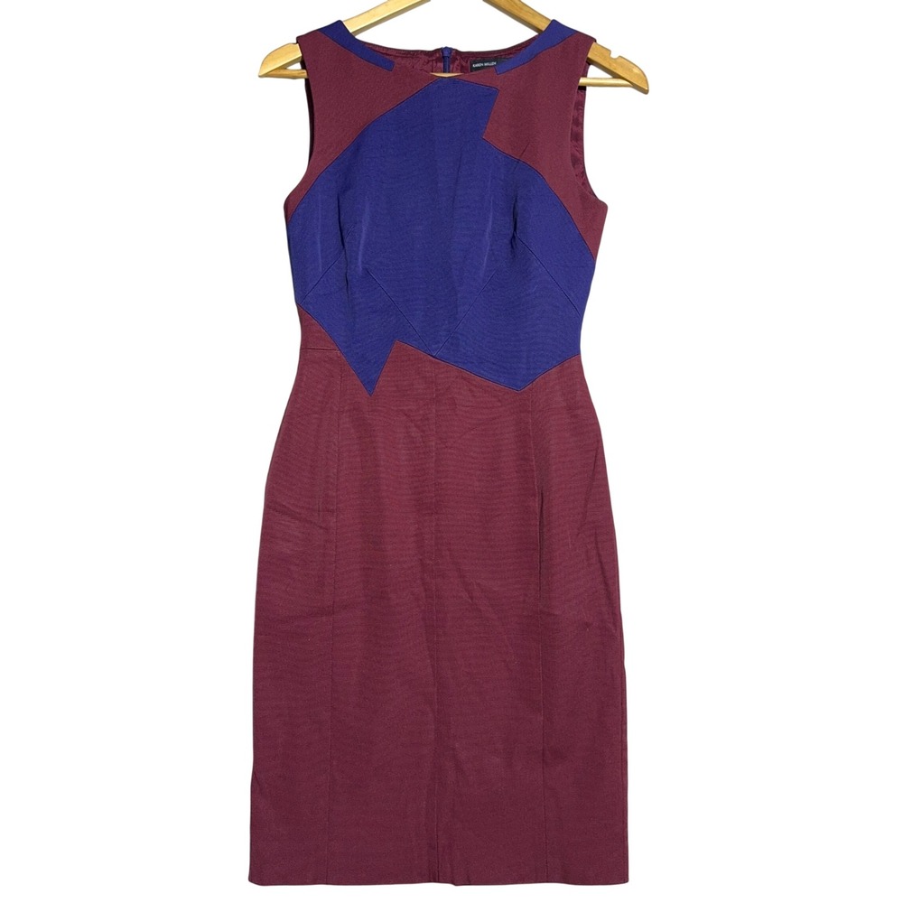 Karen Millen Pensil Midi Dress Womens Size 6 Burgundy Colorblock